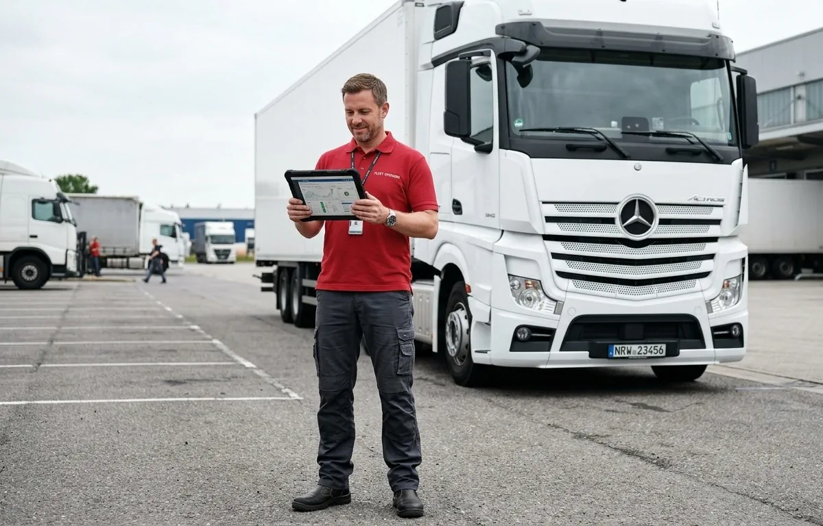 Spediteur mit Klemmbrett vor LKW