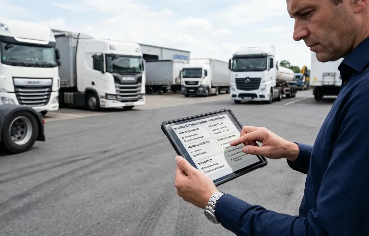 Externer Verkehrsleiter vor Fuhrpark mit Tablet
