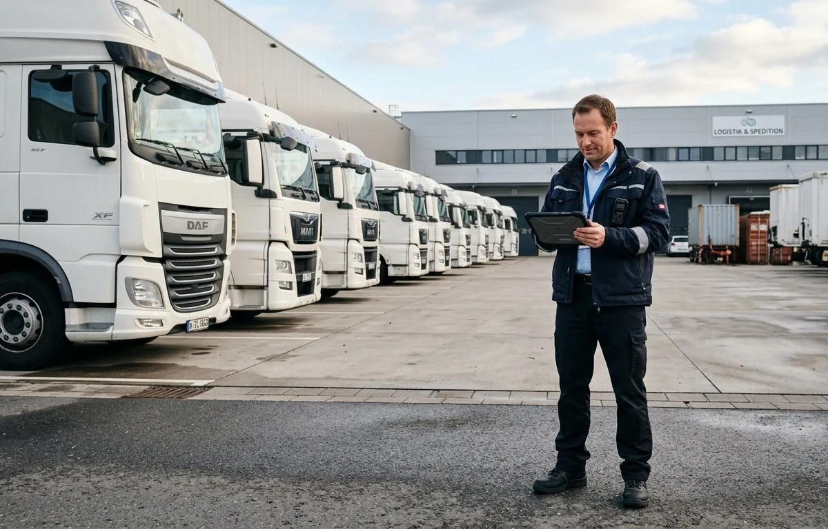 Externer Verkehrsleiter vor LKW mit Tablet
