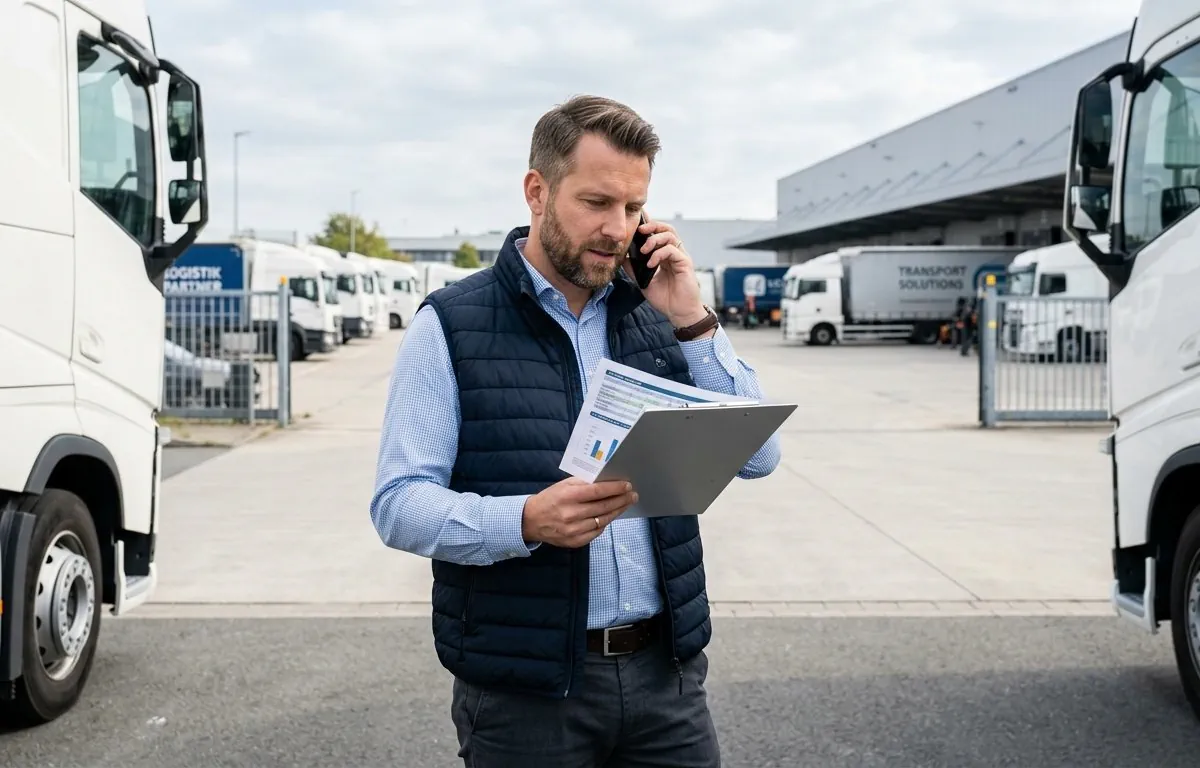 Spediteur vor Fuhrpark am telefonieren